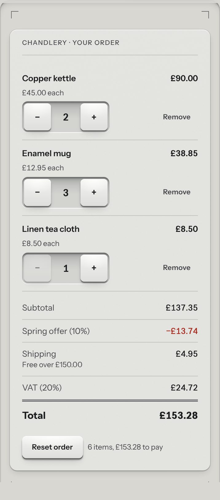 Order summary, at a phone's size
