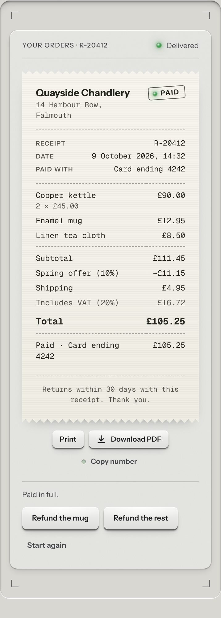 Receipt, at a phone's size