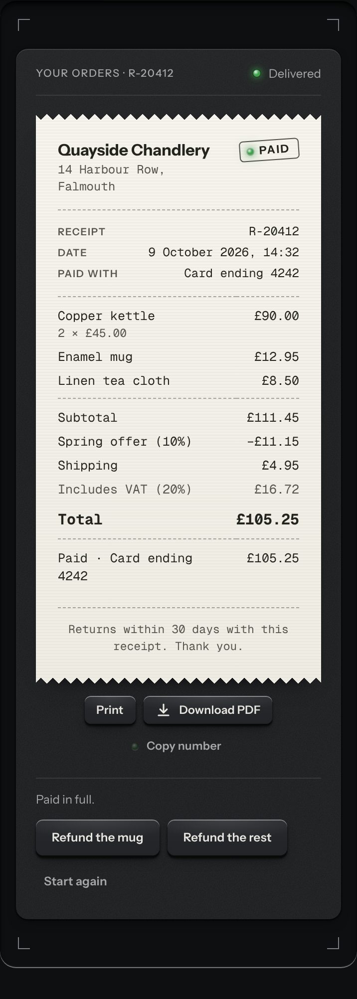 Receipt, at a phone's size